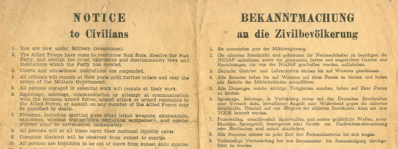 Erste Bekanntmachung der Alliierten an die Bevölkerung im Emsland im
April 1945.